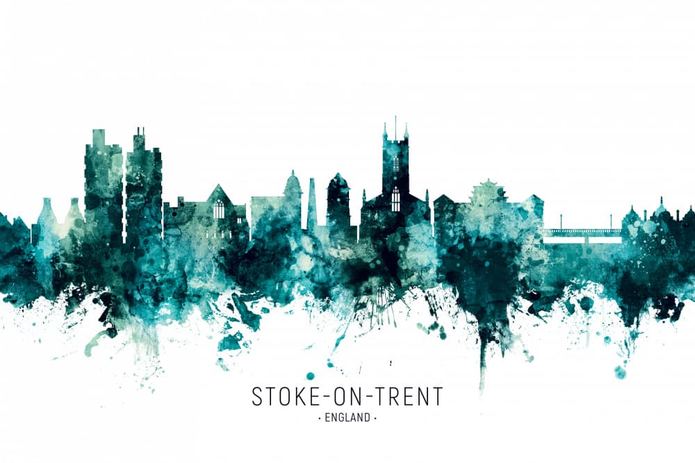 Stoke-on-Trent Watercolor Skyline by Michael Tompsett — canvas wall art