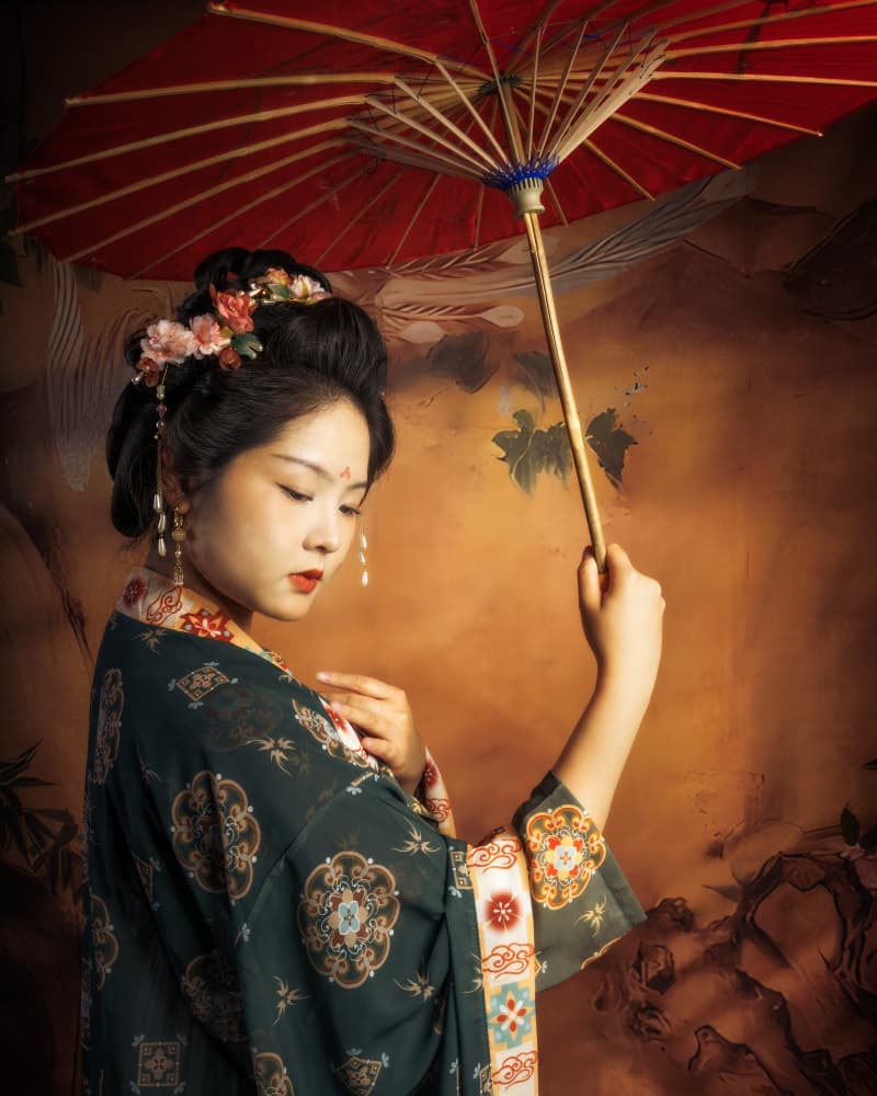 Serene Woman Red Umbrella by Deming W — canvas wall art