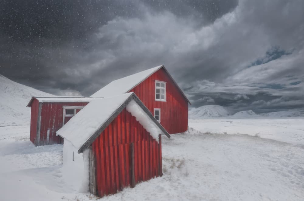 Red Houses Snowy Landscape by Giuseppe Satriani — canvas wall art