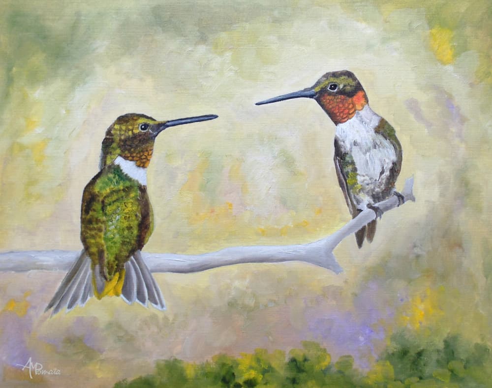 Hummingbird Pair Perched by Angeles M. Pomata — canvas wall art