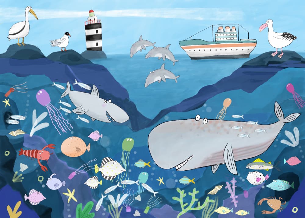 Happy Whale And Friends by Carla Daly — canvas wall art