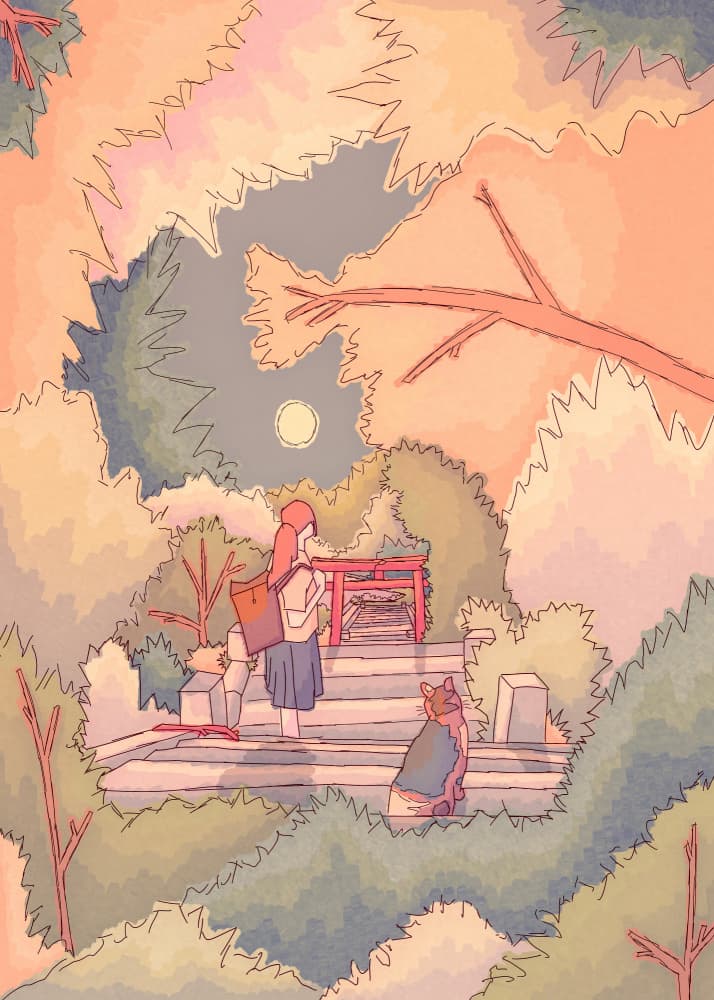 Girl Dog Moonlit Shrine by Stephen Wade — canvas wall art
