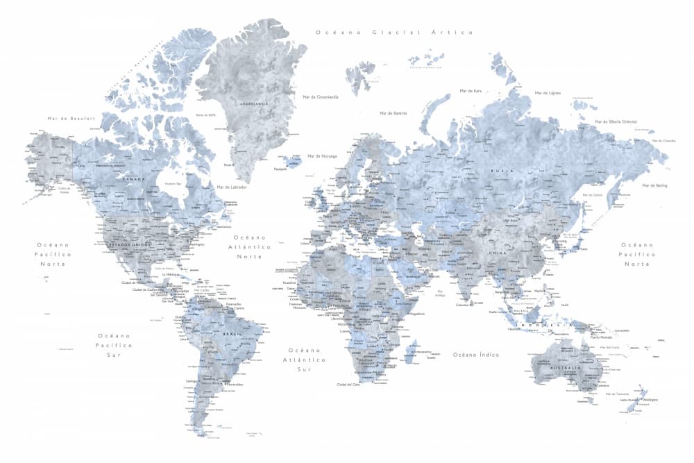 Blue Gray World Map by Rosana Laiz Blursbyai — canvas wall art