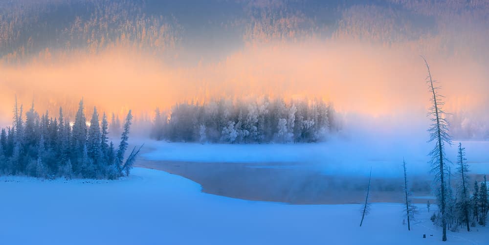 Golden Mist Winter River by Hua Zhu — canvas wall art