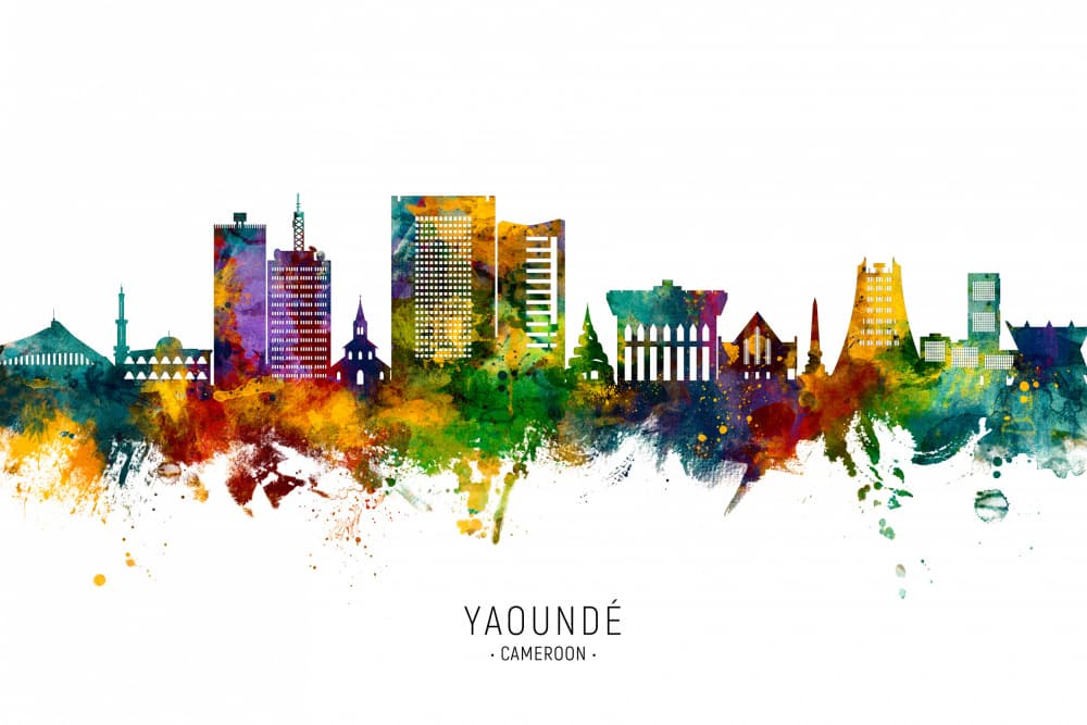 Vibrant Yaounde Watercolor Skyline by Michael Tompsett — canvas wall art