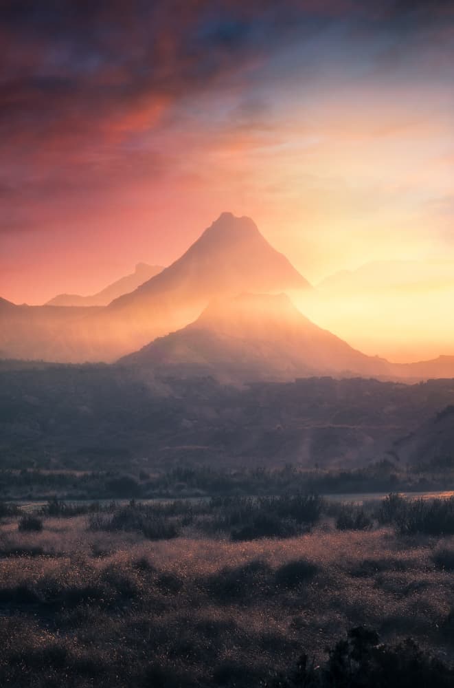 Misty Mountain Sunrise by joanaduenas — canvas wall art