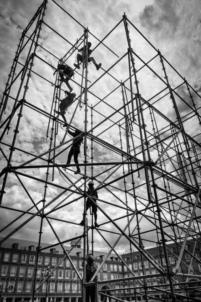 Workers on City Scaffolding by Michel Groleau — canvas wall art