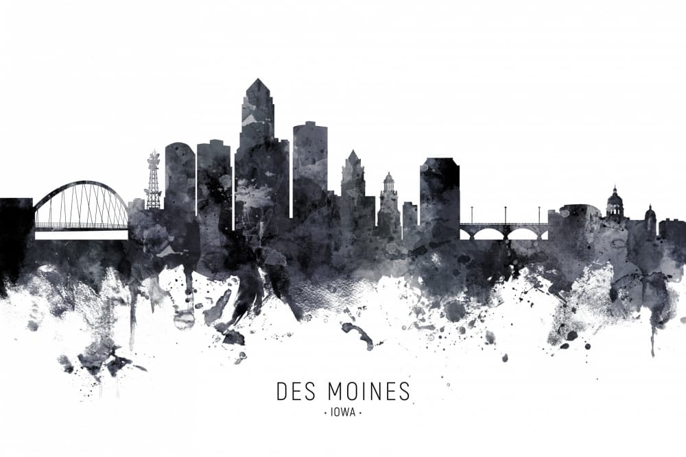 Des Moines Watercolor Skyline by Michael Tompsett — canvas wall art
