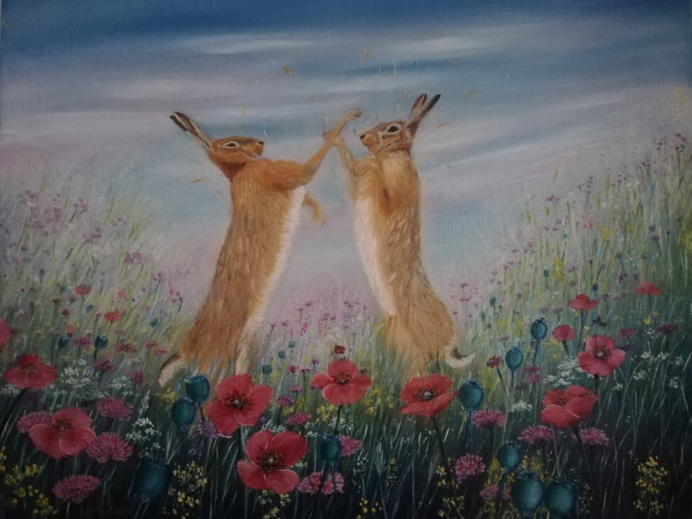 Dancing Hares Poppy Field by Annette Armitage — canvas wall art