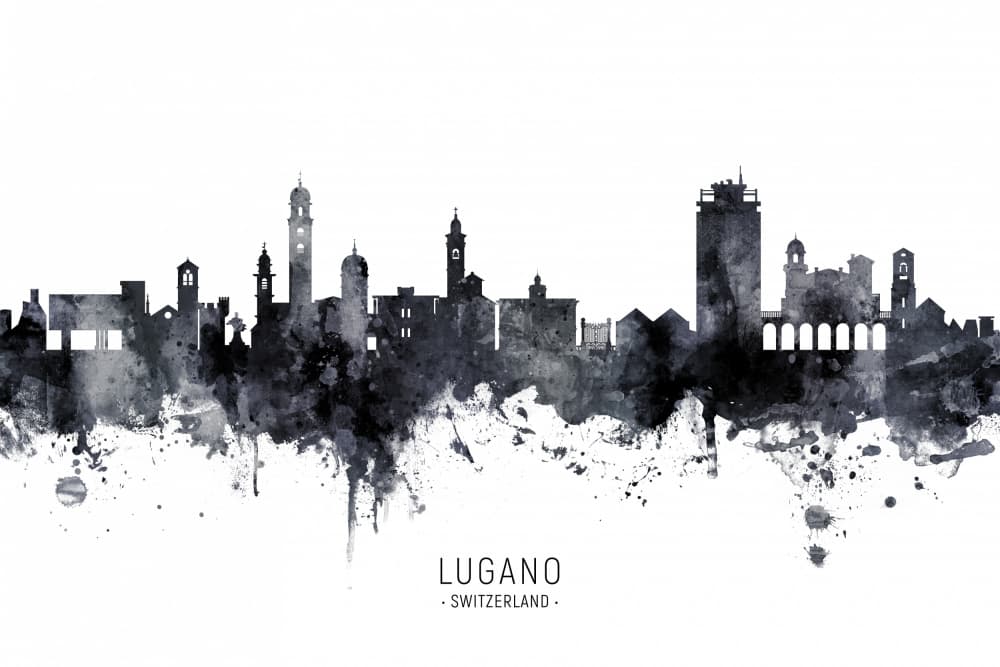 Lugano Switzerland Watercolor Skyline by Michael Tompsett — canvas wall art