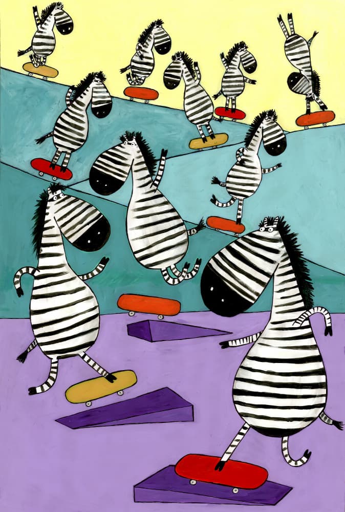 Playful Zebras Skateboarding by Carla Daly — canvas wall art