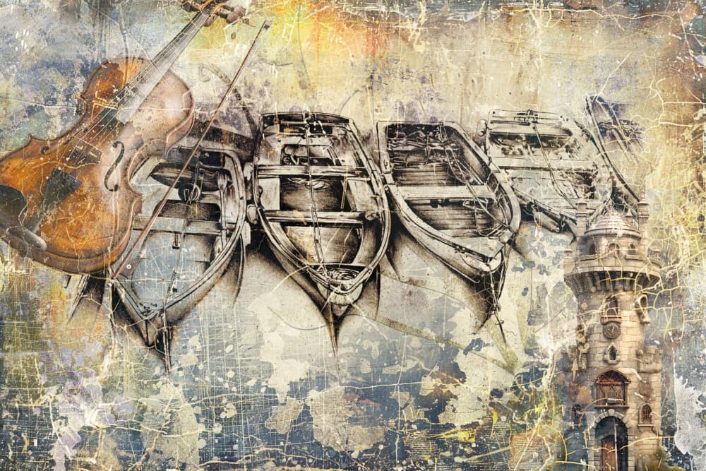 Old Boats Violin Lighthouse by Rafal Kulik — canvas wall art