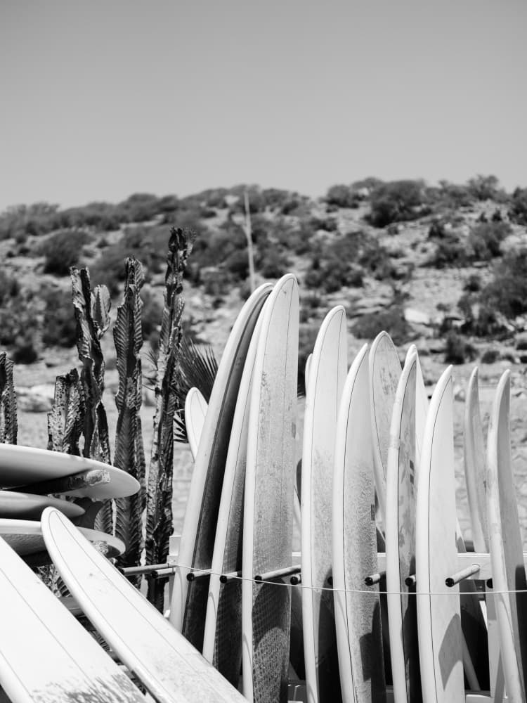 Surfboards in Black and White by Raisa Zwart — canvas wall art