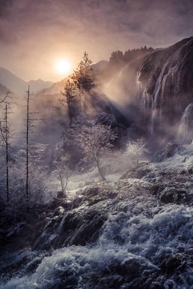 Winter Waterfall Sunrays by qiye — canvas wall art