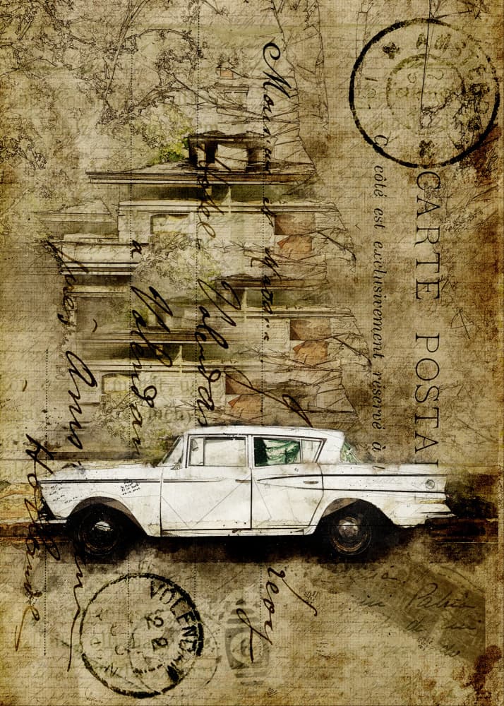 Vintage Car City Travel by Lembayung senja studio [Vintage Poster] — canvas wall art