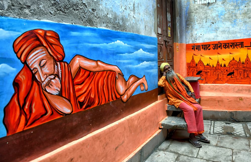Sadhu and Murals by Shaibal Nandi — canvas wall art