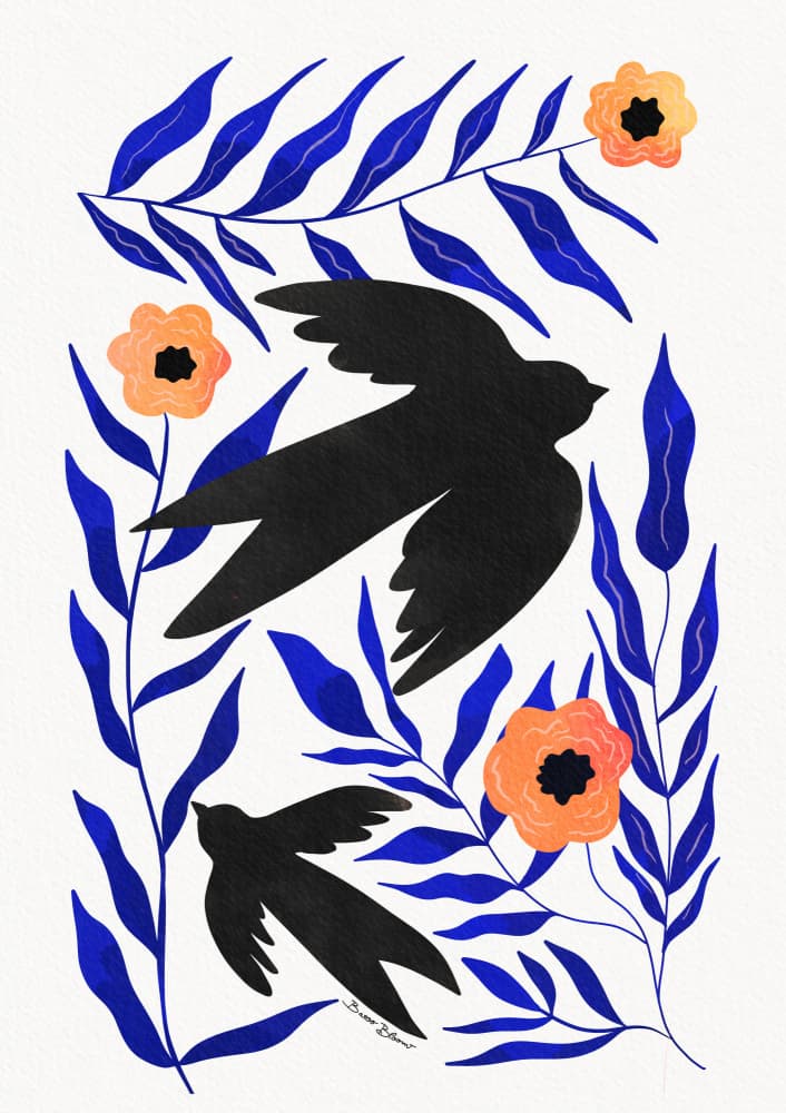 Flying Birds and Flowers by Baroo Bloom — canvas wall art