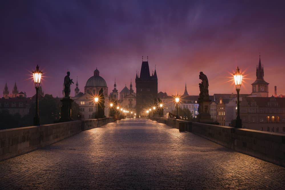 Charles Bridge Purple Dawn by INIGO CIA — canvas wall art
