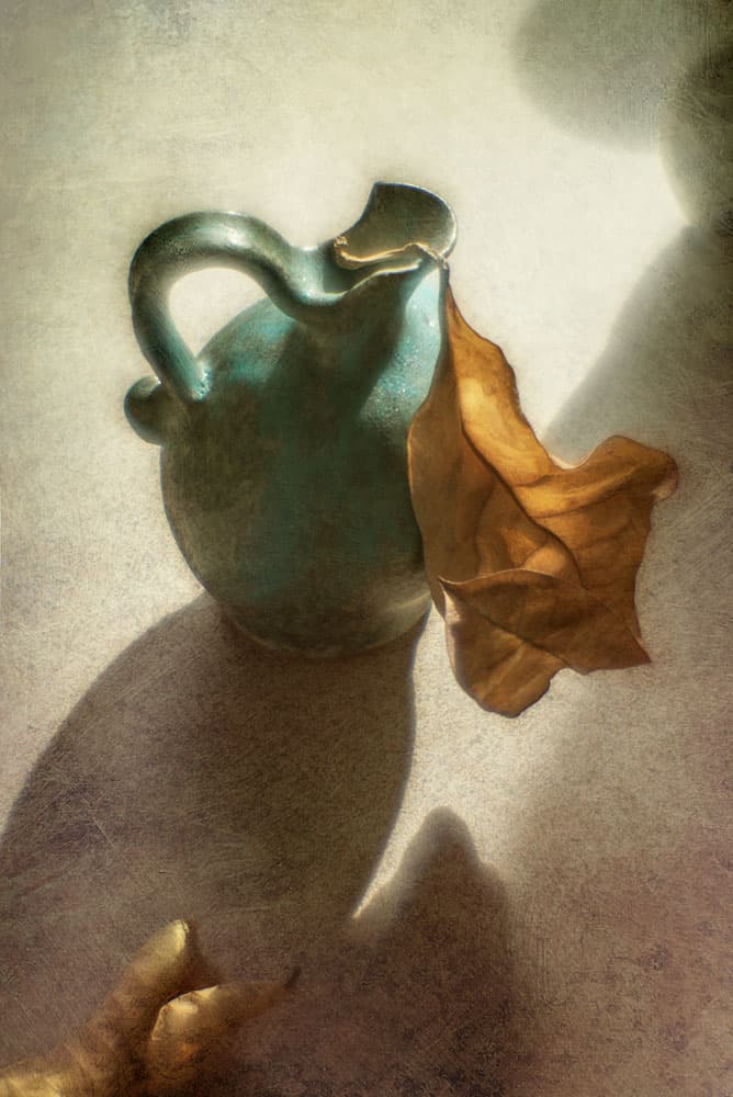 Teal Jug Golden Leaf by Igor Tokarev — canvas wall art