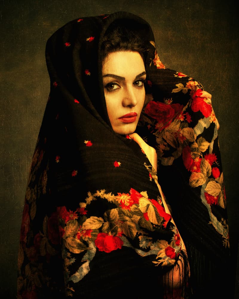 Mysterious Woman Floral Shawl by Mehdi Mokhtari — canvas wall art