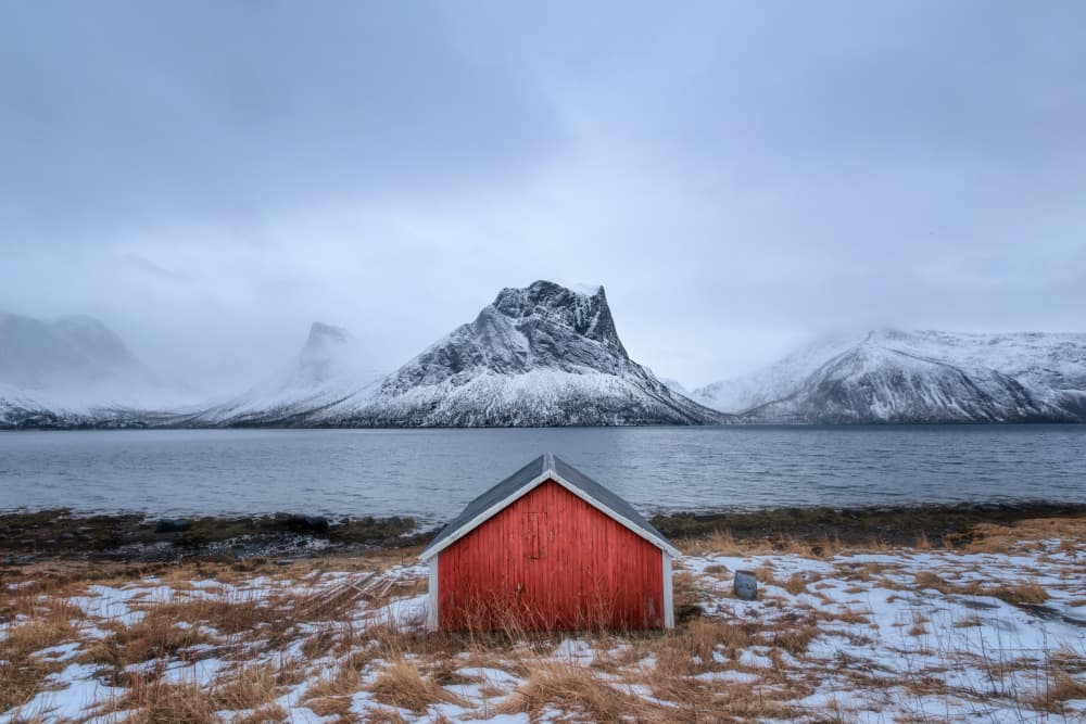 Red Cabin Winter Fjord by wuyi — canvas wall art