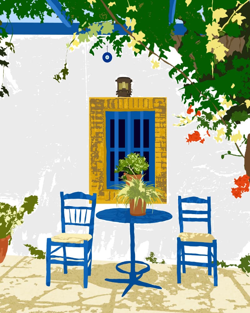 Charming Greek Courtyard by Uma Gokhale — canvas wall art