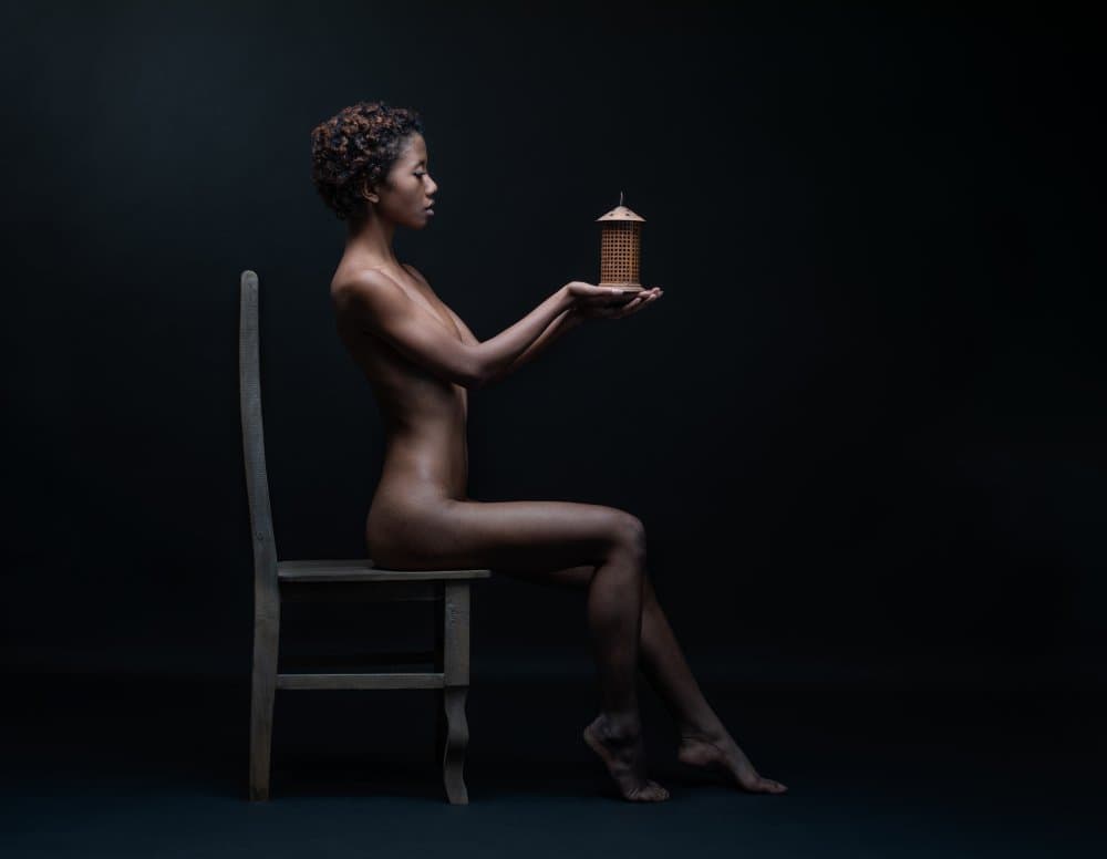 Nude Figure Holding Cage by Luc Stalmans — canvas wall art