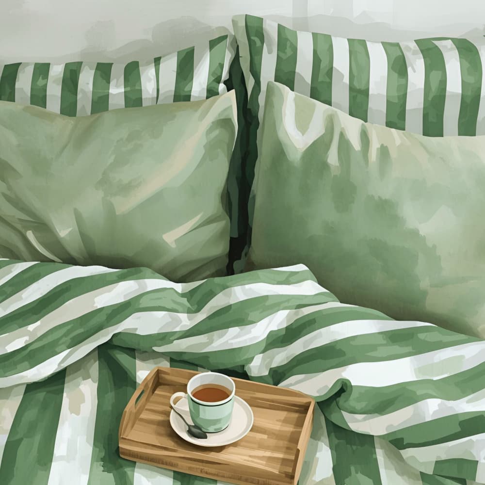 Cozy Green Striped Bed by Ohkimiko — canvas wall art