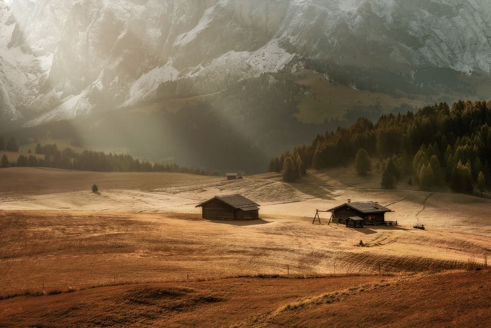 Golden Alpine Huts by Marian Kuric QEP — canvas wall art