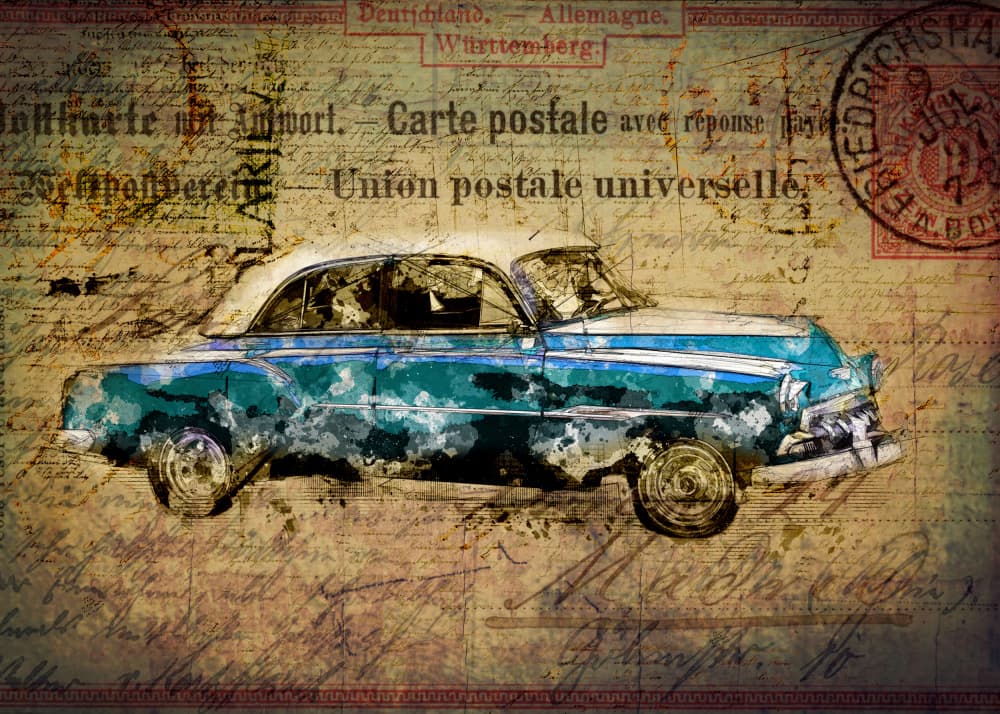 Retro Blue Car Postcard by Lembayung senja studio [Vintage Poster] — canvas wall art