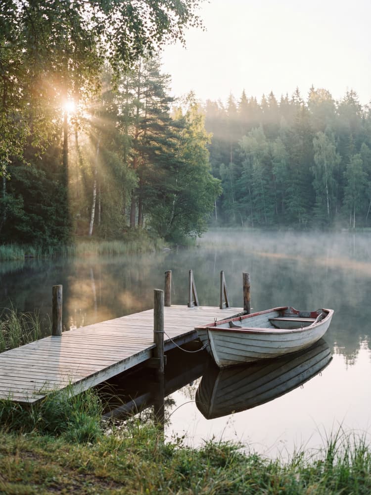 Misty Morning Lake Boat by Andreas Magnusson — canvas wall art