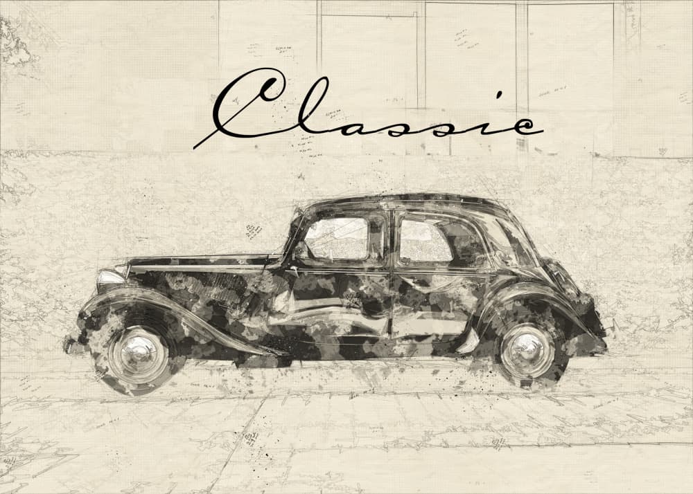 Classic Vintage Car Drawing by Lembayung senja studio [Vintage Poster] — canvas wall art