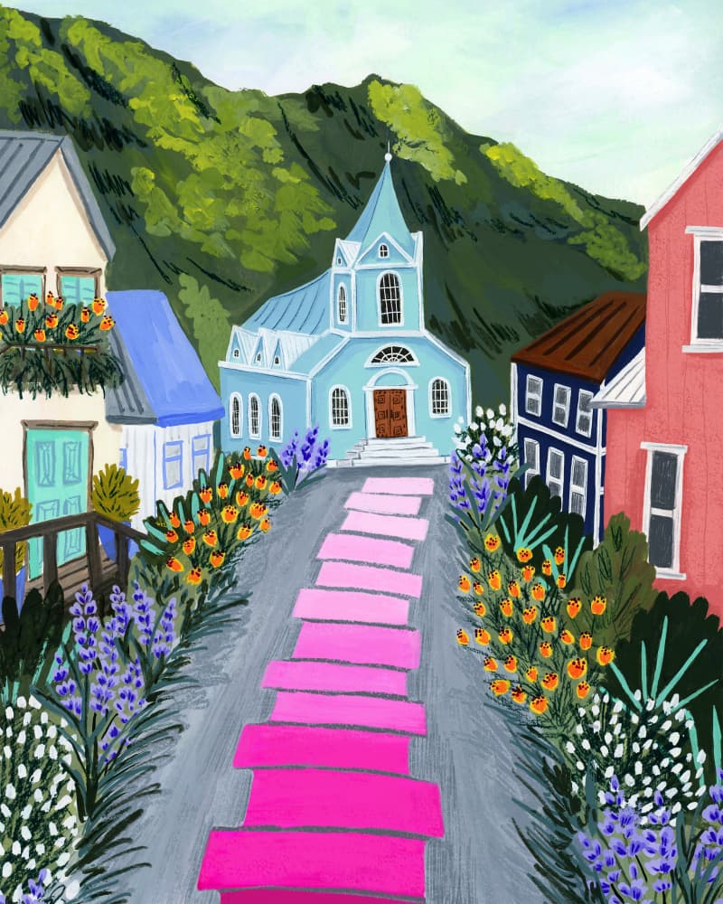 Blue Church Village by Sarah Gesek — canvas wall art