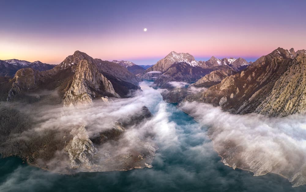 Misty Mountain Lake Sunset by Juan I. Cuadrado — canvas wall art