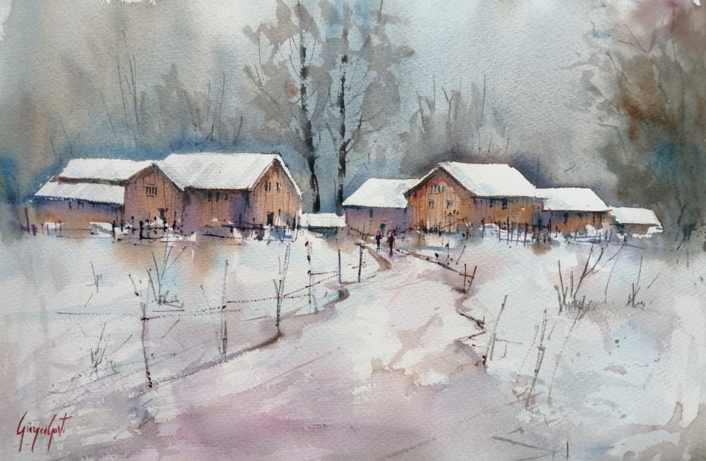 Rustic Winter Village by Giorgio Gosti — canvas wall art