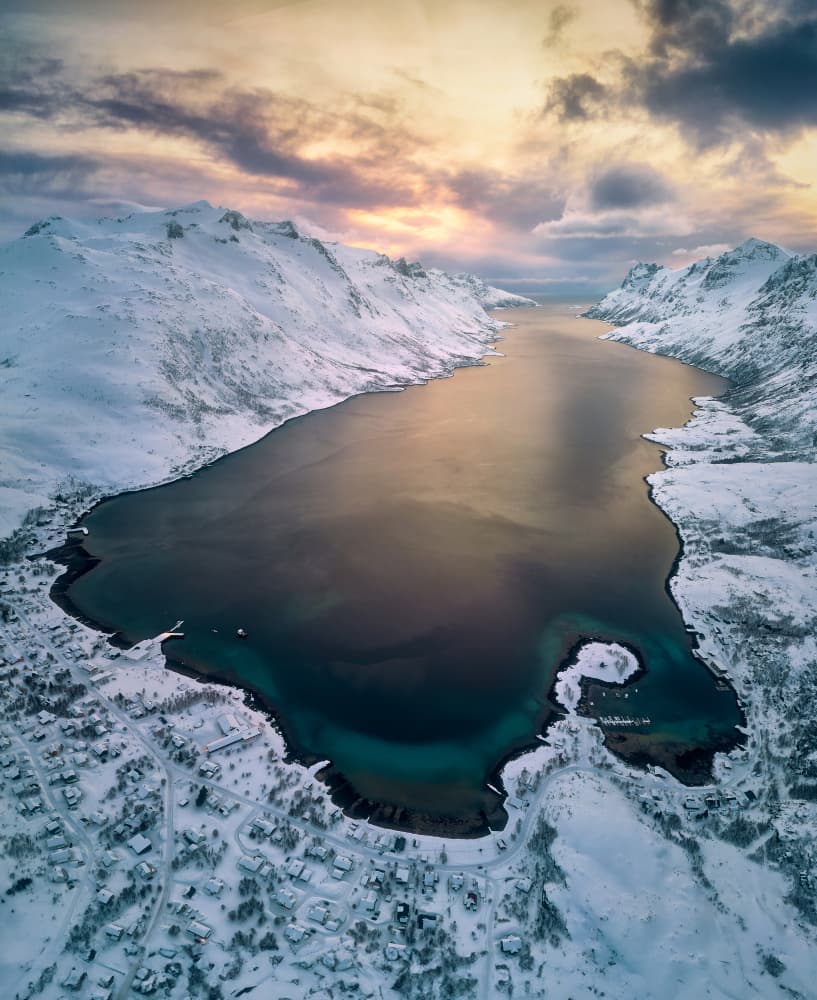Snowy Fjord Village Sunset by Ricardo Gayan — canvas wall art