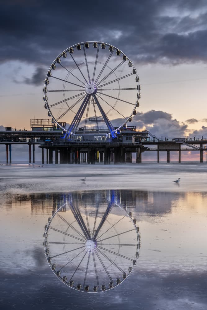 Ferris Wheel Reflection Sunset by fotomarion — canvas wall art