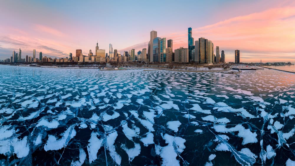 Frozen Chicago Skyline by James Cai — canvas wall art