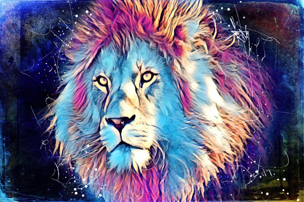 Neon Lion Gaze by Rafal Kulik — canvas wall art