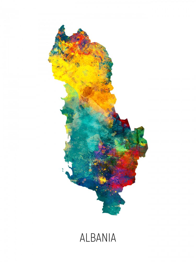 Colorful Albania Map by Michael Tompsett — canvas wall art