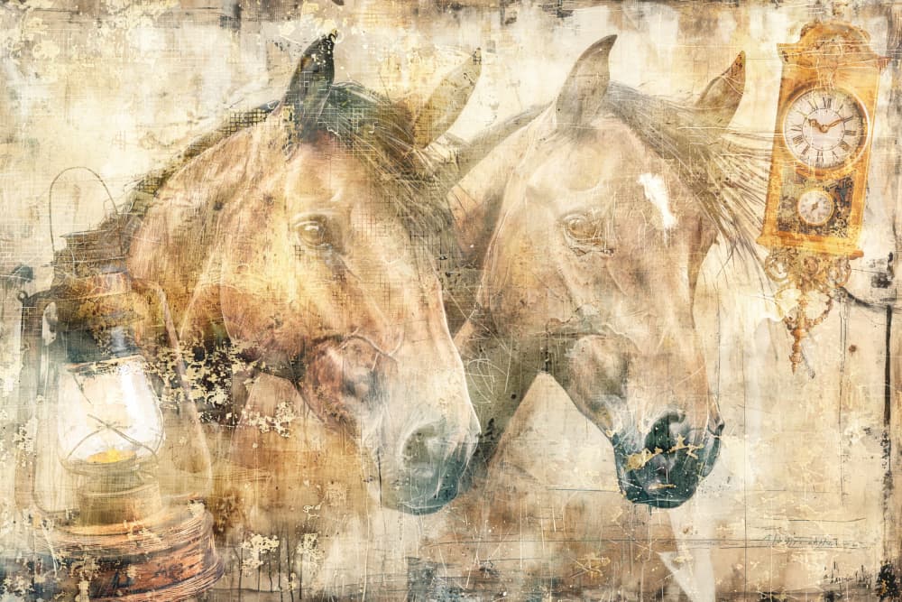 Rustic Horses with Clock by Rafal Kulik — canvas wall art