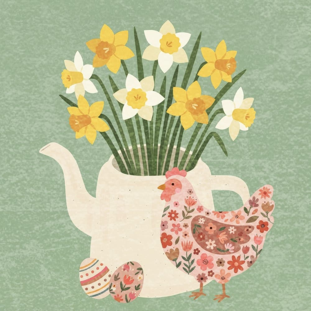 Easter Floral Chicken and Daffodils by Emel Tunaboylu — canvas wall art