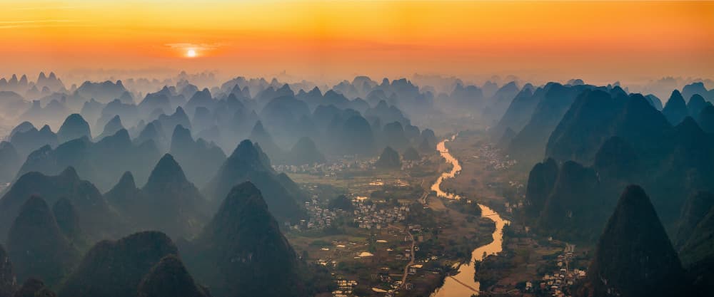 Misty Mountain River Sunrise by Mei Xu — canvas wall art