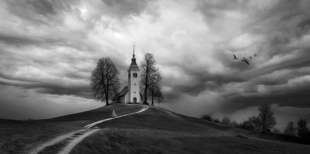 Dramatic Hillside Church by Barbara Fletcher — canvas wall art