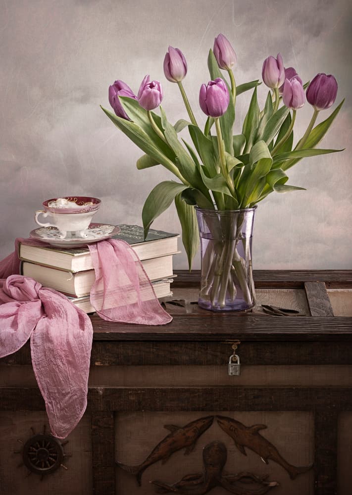 Purple Tulips And Old Books by Lydia Jacobs — canvas wall art