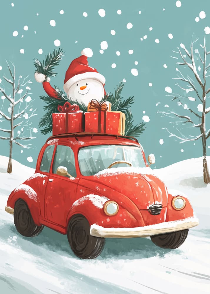 Red Car Christmas Snowman by Andreas Magnusson — canvas wall art
