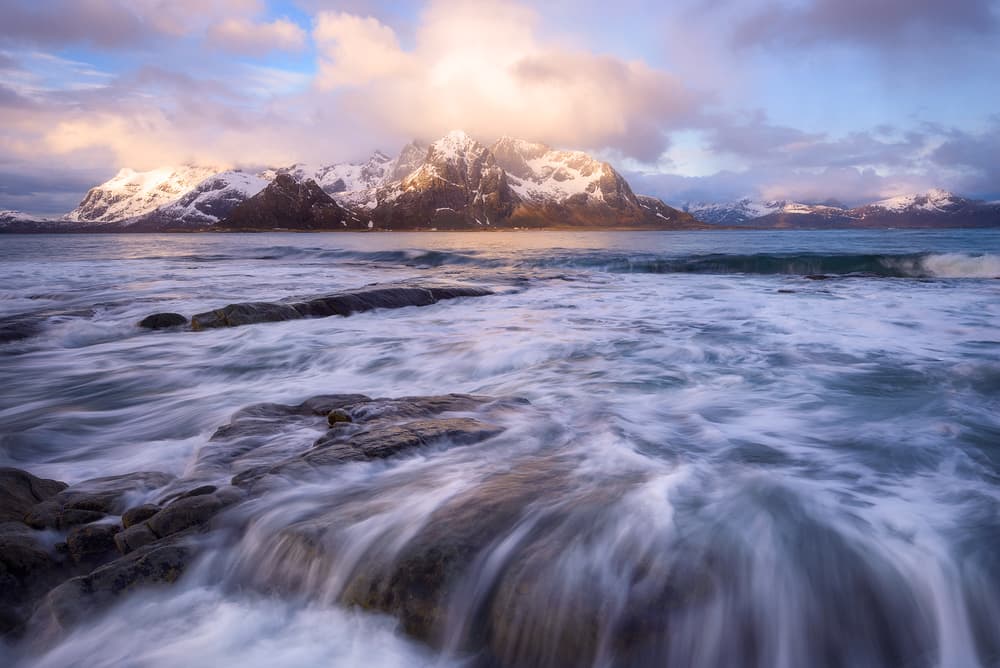 Golden Hour Ocean Mountains by Daniel Gastager — canvas wall art