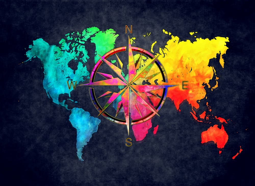 Colorful World Map Compass by Justyna Jaszke — canvas wall art