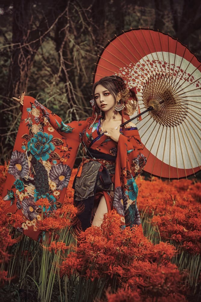 Red Kimono Among Flowers by KOIKI — canvas wall art