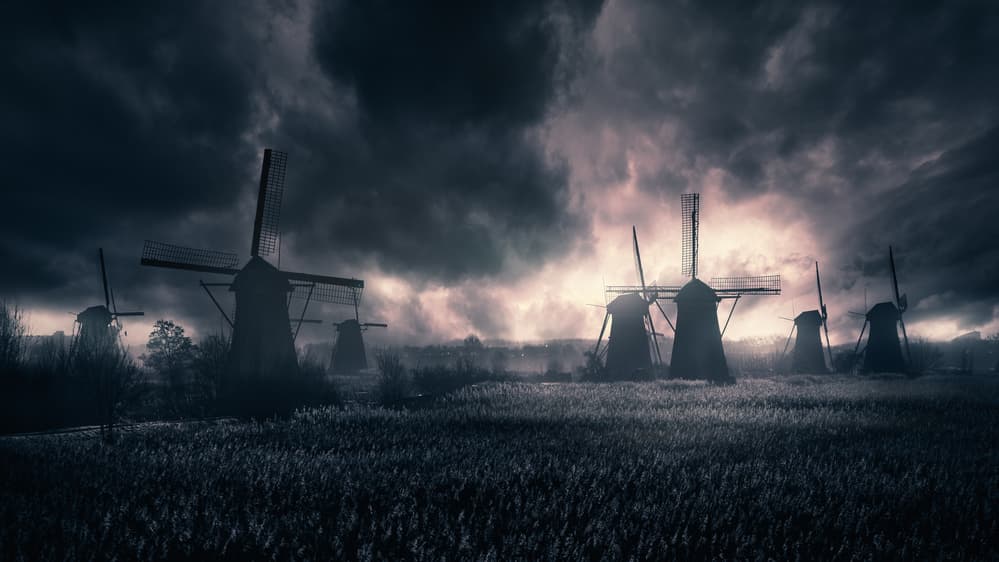 Windmills Under Stormy Sky by Juan Pablo de Miguel — canvas wall art